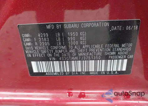 2018 Subaru Impreza 2.0I Sport from USA, damaged, VIN 4S3GTAM67J3751350